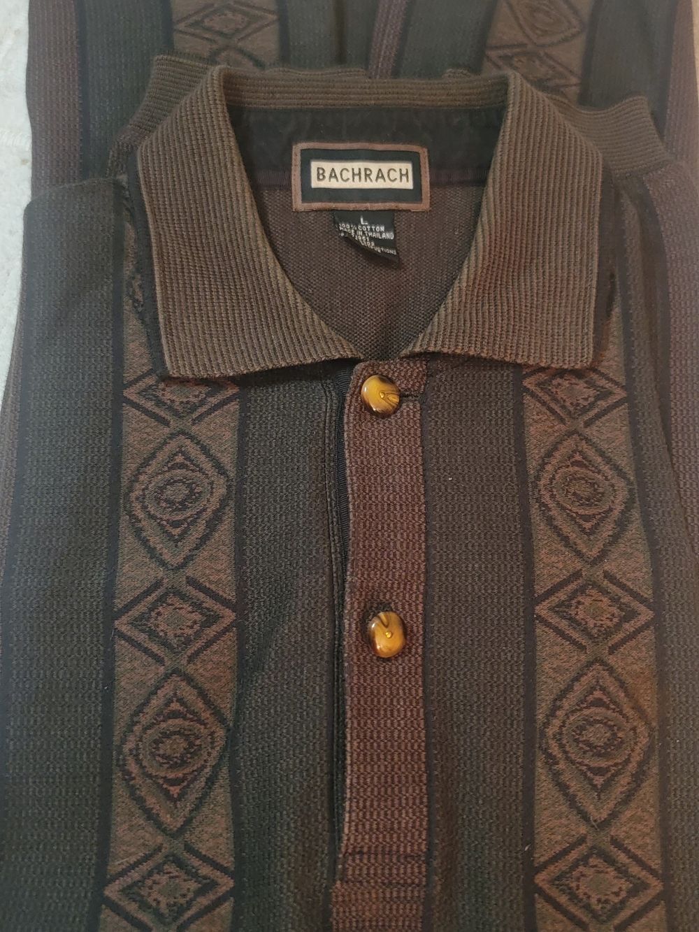 Stately BACHRACH Men's Long Sve Polo Earthy Brown Olive Black TigerS Eye But